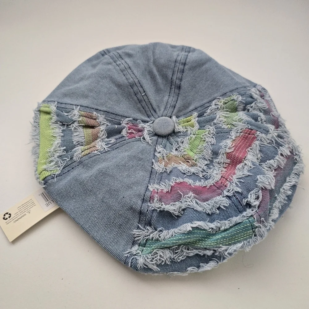 NWT Light Denim Patchwork Multi Fringe Beret Boho Stylish Hat